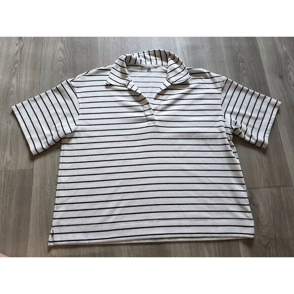 Jane & Delancey Striped Collared Short Sleeve Polo Shirt Medium White & Black - Picture 4 of 7